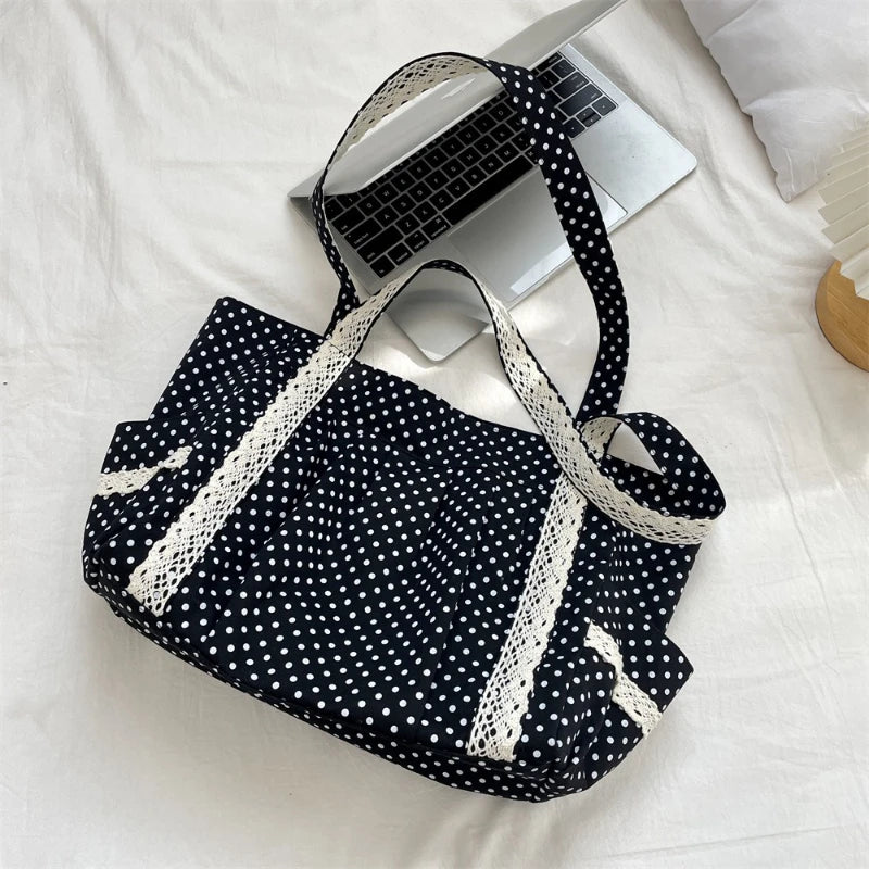 Bolso de mano de lona con lunares vintage | Espacioso y elegante