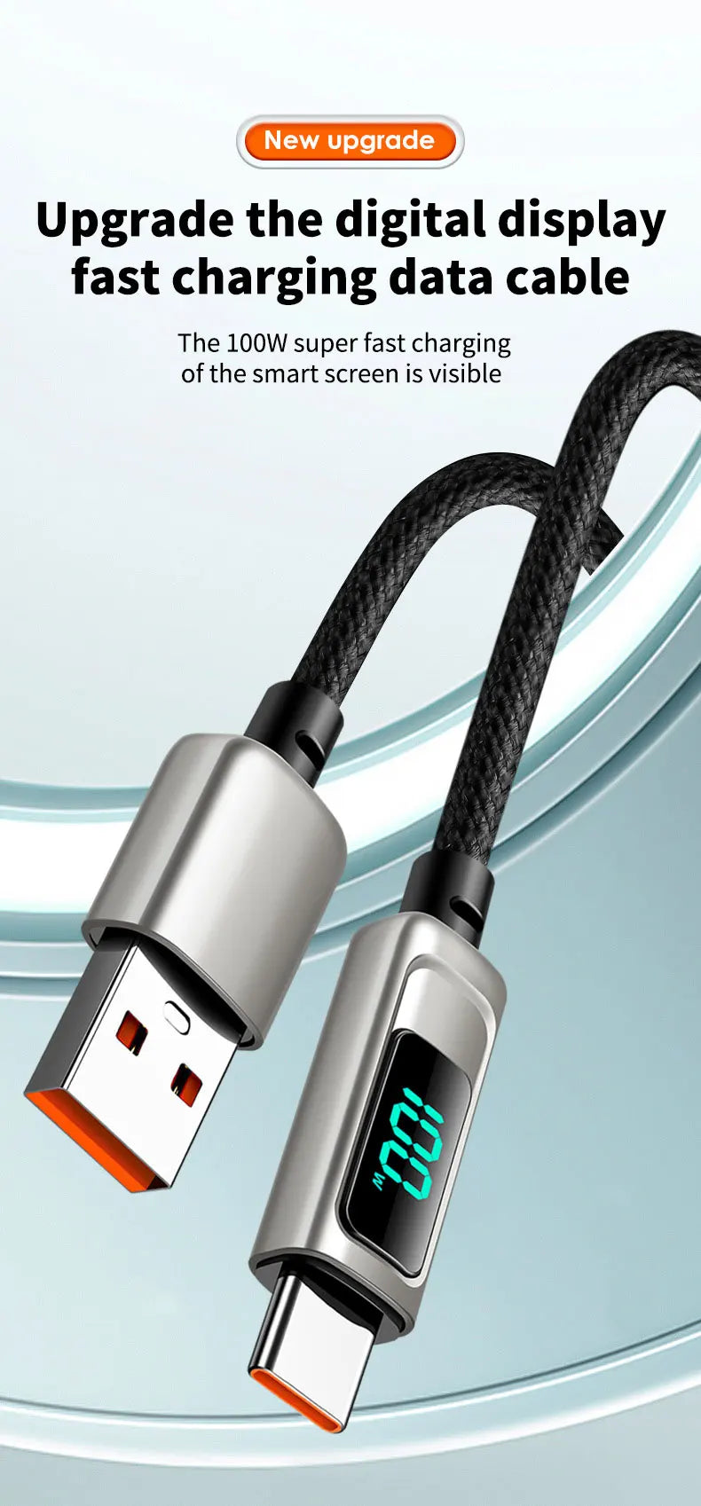 USB A to Type C LED Display Charger Cable | Fast Data Transfer