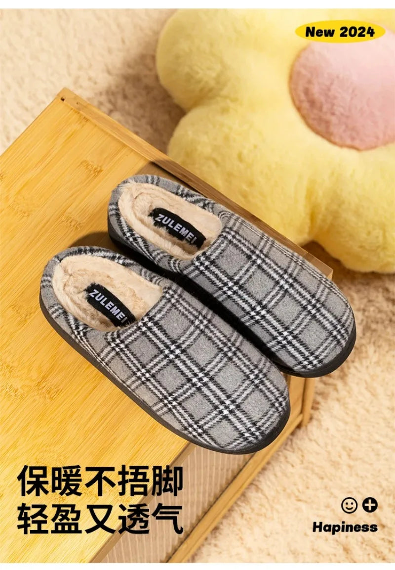 Men's Striped Plaid Fleece Slippers | Warm Cozy House Shoes
