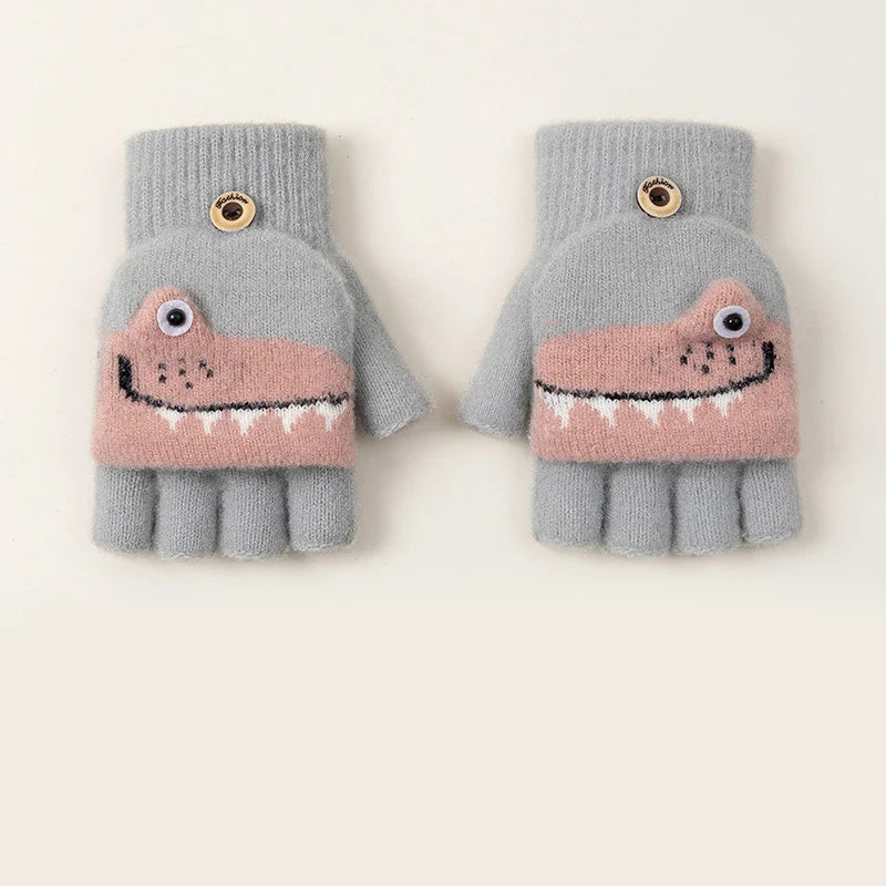 Kids Knitted Alligator Writing Gloves | Warm Winter Fingerless Gloves