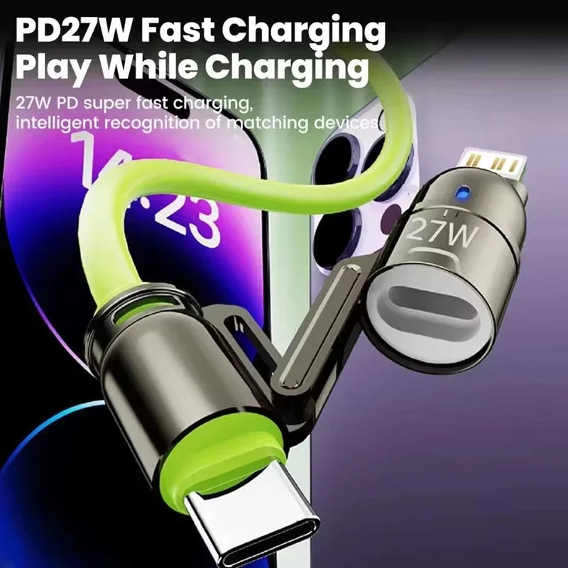 240W Super Fast Charging 4 In 1 Data Cable Dual Type-C+Lightning+USB Ports Phone Charging Cable For iPhone Samsung Huawei Xiaomi