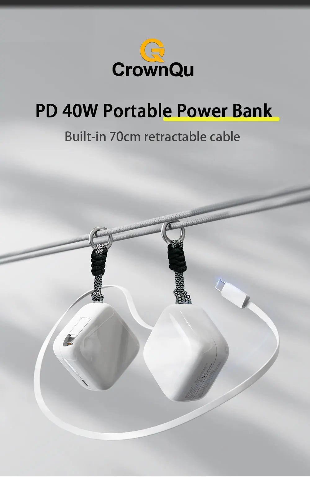 40W Fast Charging Portable 10000mAh Power Bank with Cable