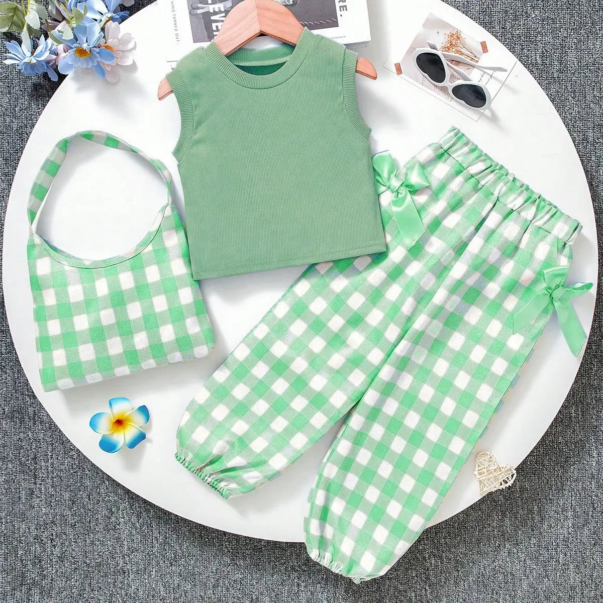 Little Girl's Blue and White Plaid 3-Piece Outfit Set | Summer Fun