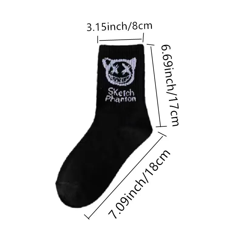 5 pairs of couples Instagram trendy socks with little devil pattern for students in spring and autumn, black and white sports ba
