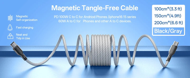 Magnetic Braided USB Type-C Car Charging Cable - 6A Data Transfer