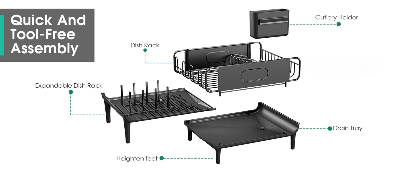 Expandable Dish Rack with Multifunctional Drainboard for Kitchen