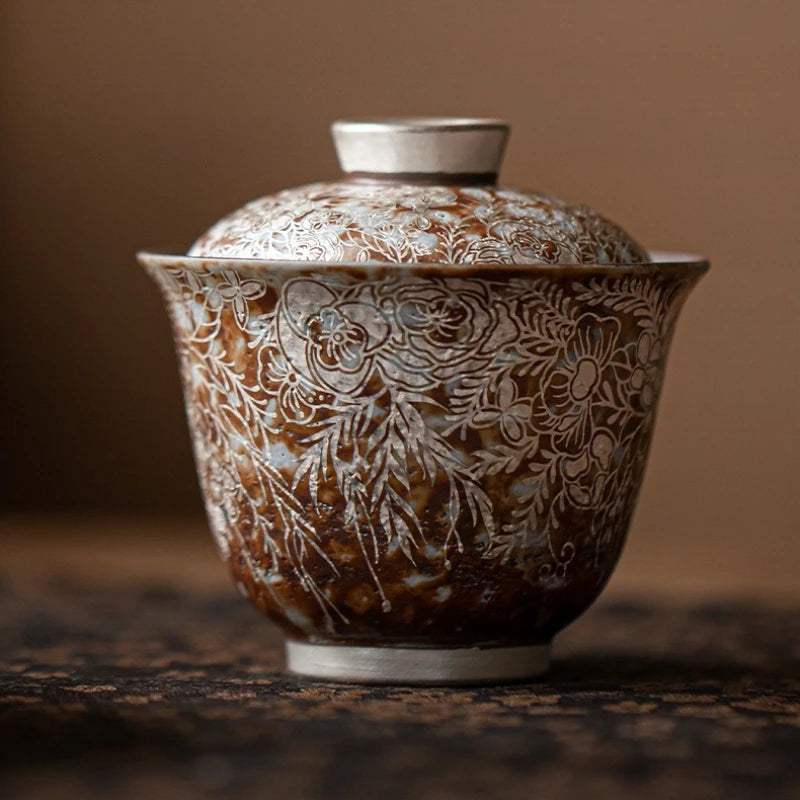 Juego de té Gaiwan de plata dorada elegante | Exquisita vajilla de cerámica