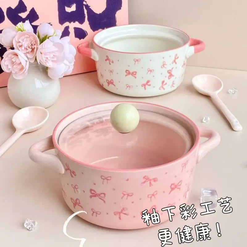 Bol de cerámica con tapa para fideos, diseño de lazo rosa | Adorable tazón para sopa