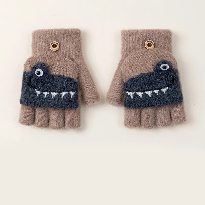 Kids Knitted Alligator Writing Gloves | Warm Winter Fingerless Gloves