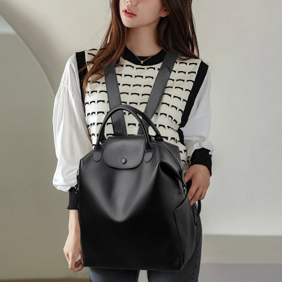 Genuine Cowhide Leather Women's Backpack | Stylish Large Capacity Bag