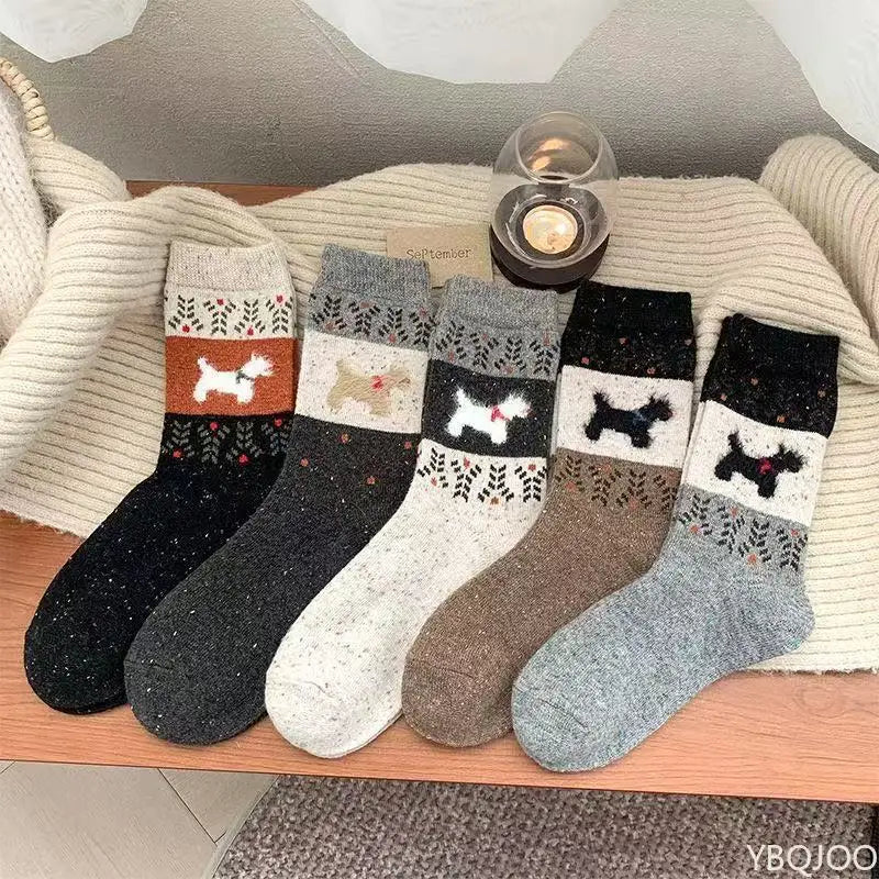 5 Pairs Dog Pattern Plush Women's Socks | Cozy Mid-Tube Styles
