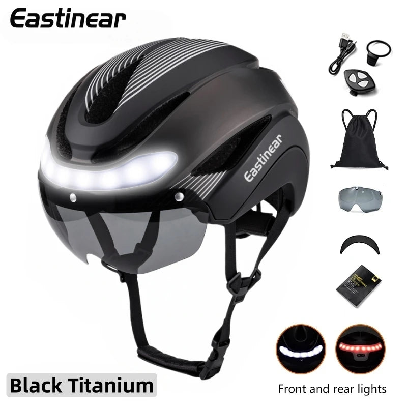 Ultralight Road Bicycle Helmet with LED Lights & Magnetic Goggles