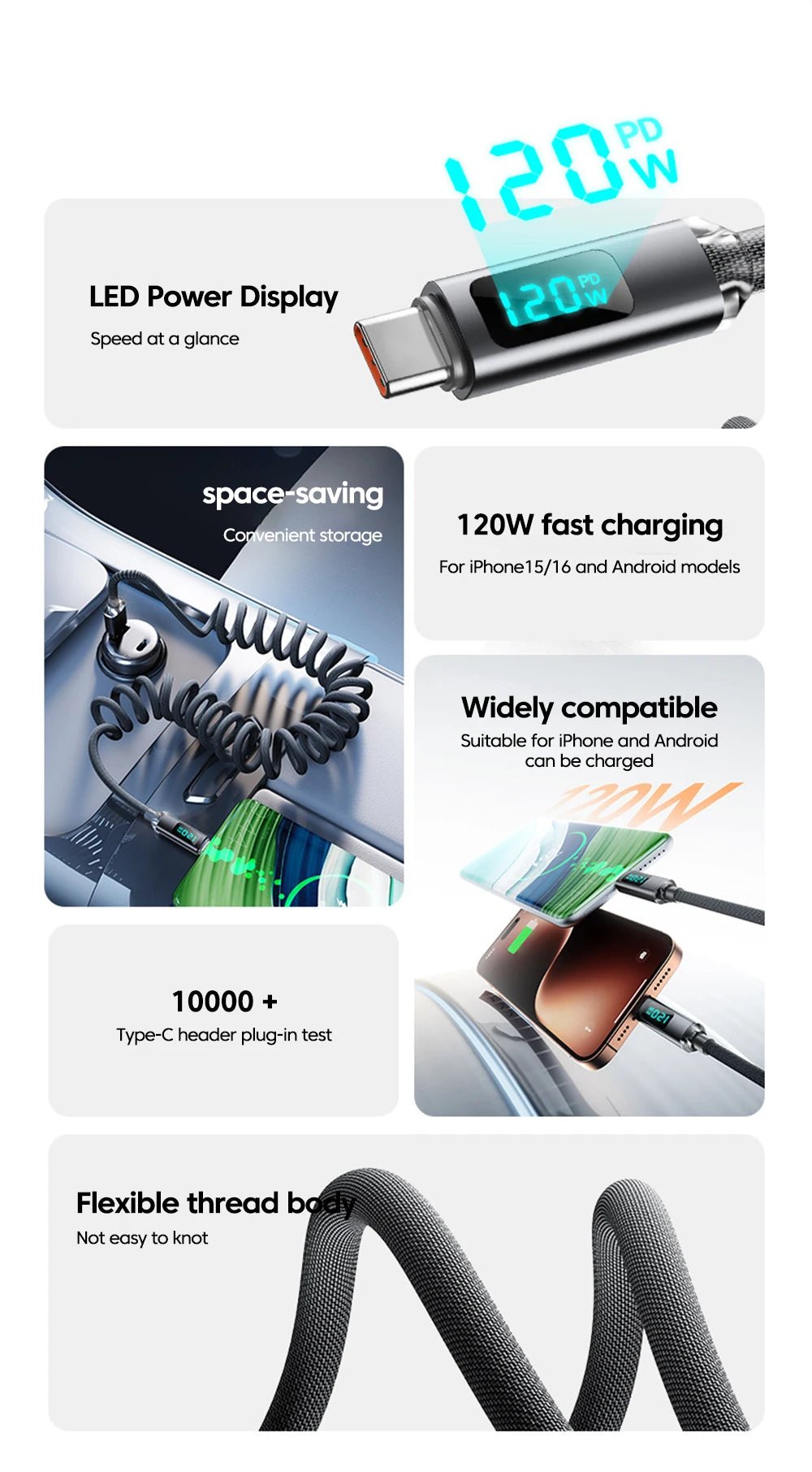 120W Fast Charging Retractable Cable | USB A to Type C Charger