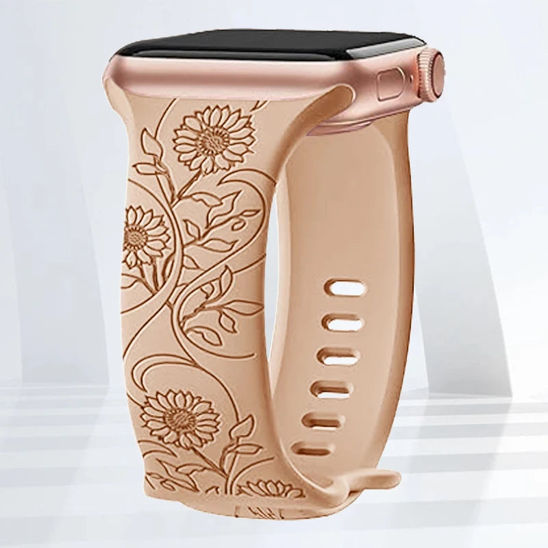 Floral Engraved Silicone Strap | Elegant Replacement Band for Apple Watch