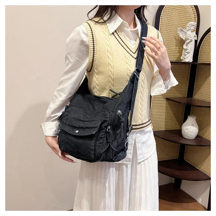 Trendy Solid Color Denim Shoulder Bag | Versatile Women's Crossbody