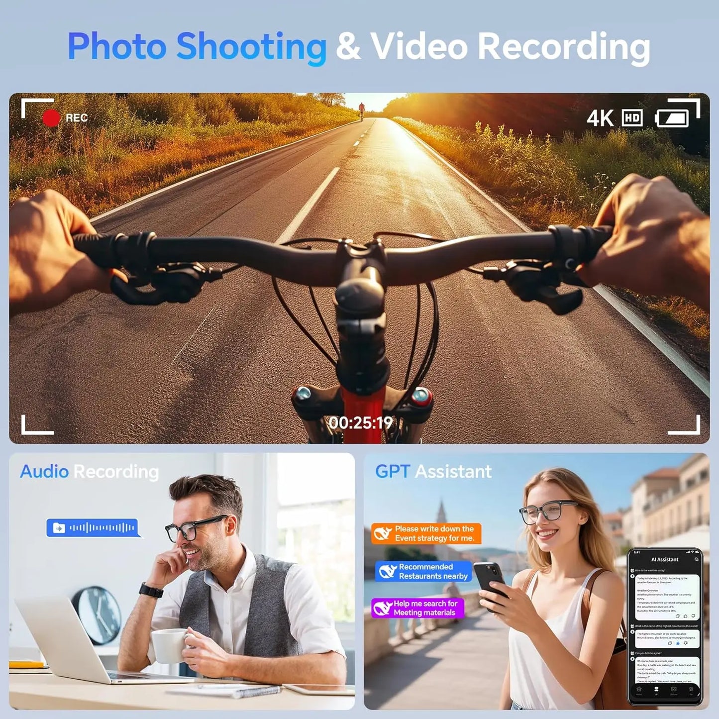 Smart AI Glasses with HD Video, Bluetooth & Music Playback