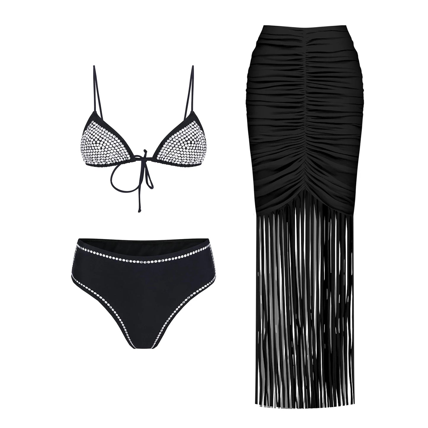 3-Piece Diamond Bikini Set | Sexy Women's Swimsuit with Mesh Skirt