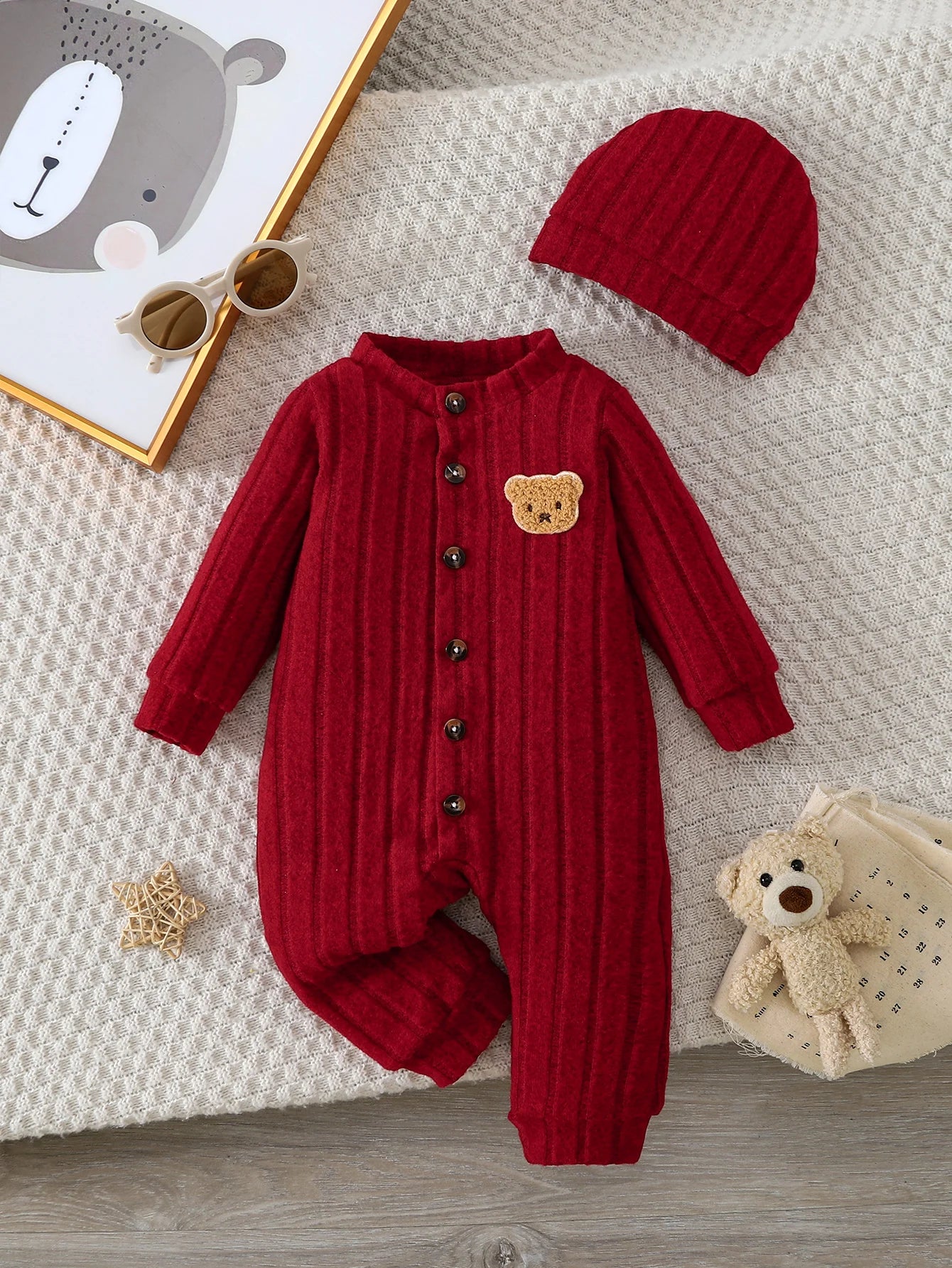 Adorable Baby Boy Red Onesie & Hat Set | Cozy Winter Outfit