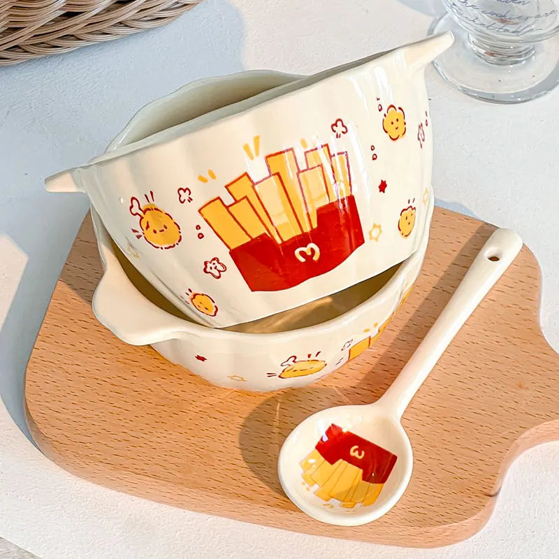 Cute French Fries Ceramic Bowl & Spoon Set | Perfect for Any Meal