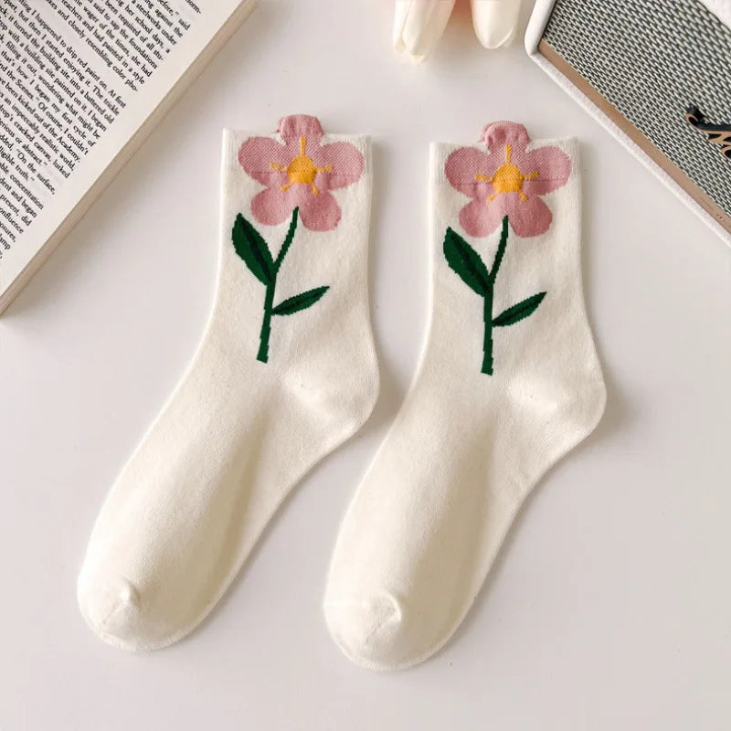 Kawaii Women's Floral Cartoon Socks | Cute Mid Tube Cotton Socks