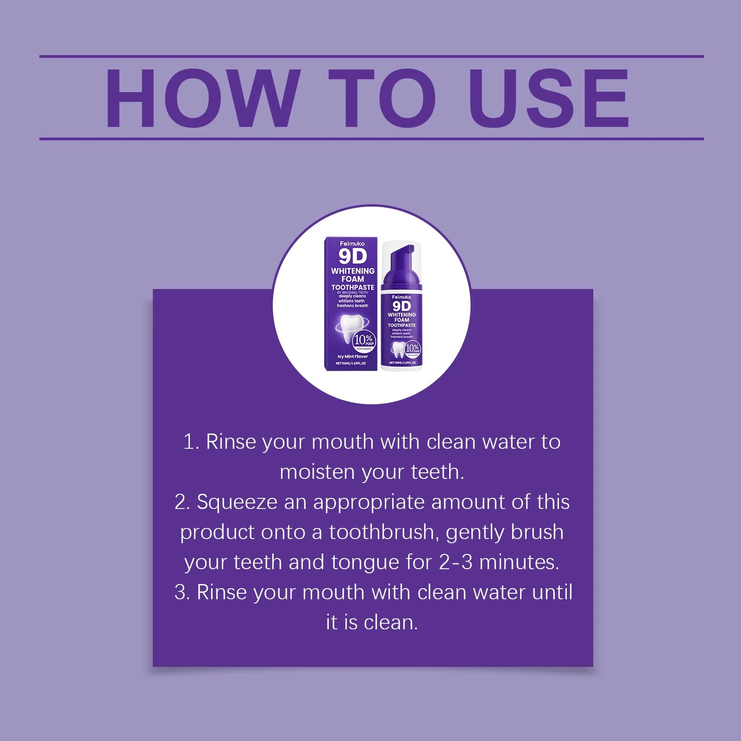 9D Purple Tooth Mousse WHITENING FOAM TOOTHPASTE 10% Hydroxyapatite Fresh Breath Travel Teeth Whitening Stain Removal Oral Care