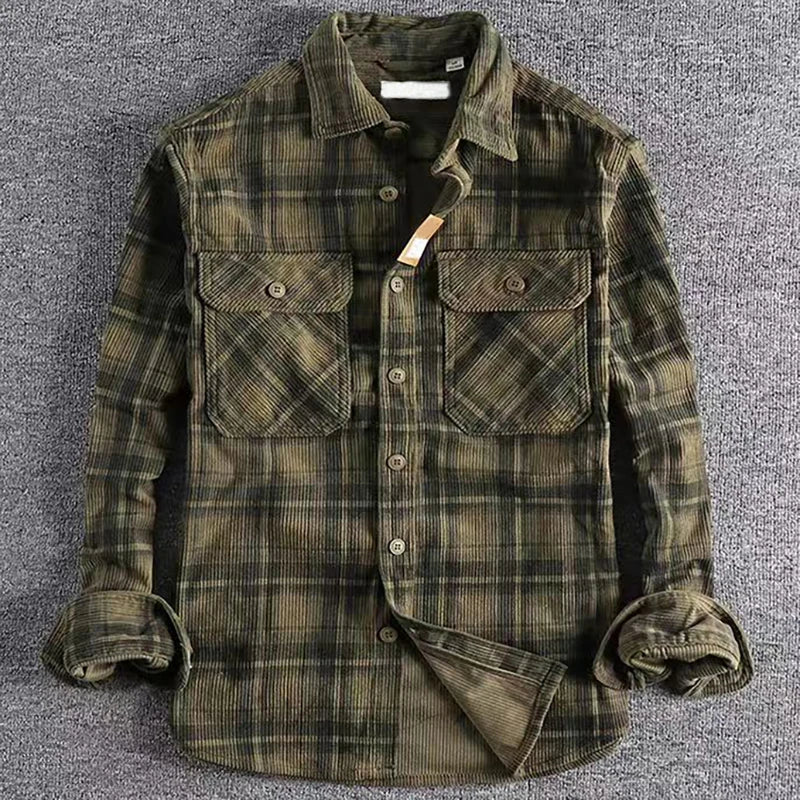 Men's Vintage Plaid Long Sleeve Shirt | Comfortable Corduroy Fashion