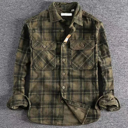 Men's Vintage Plaid Long Sleeve Shirt | Comfortable Corduroy Fashion