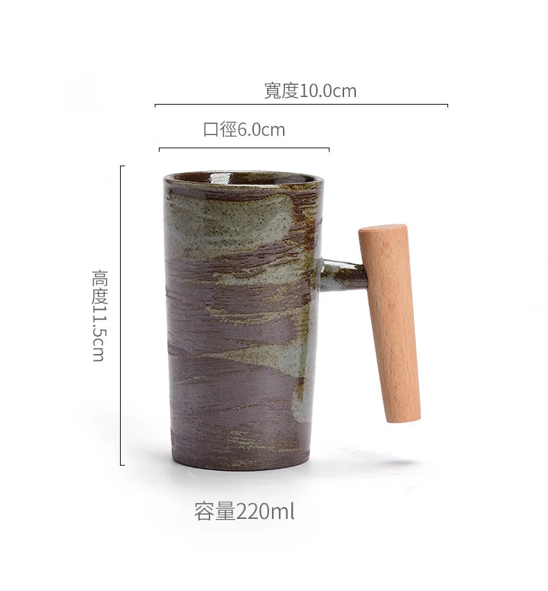 Handmade Stoneware Coffee Cup with Wooden Handle | Vintage Style Mug