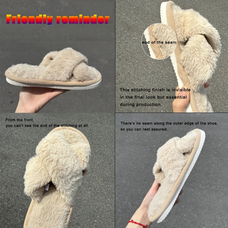 Women's Cross Band Fluffy Plush Slippers | Cozy Indoor House Shoes
