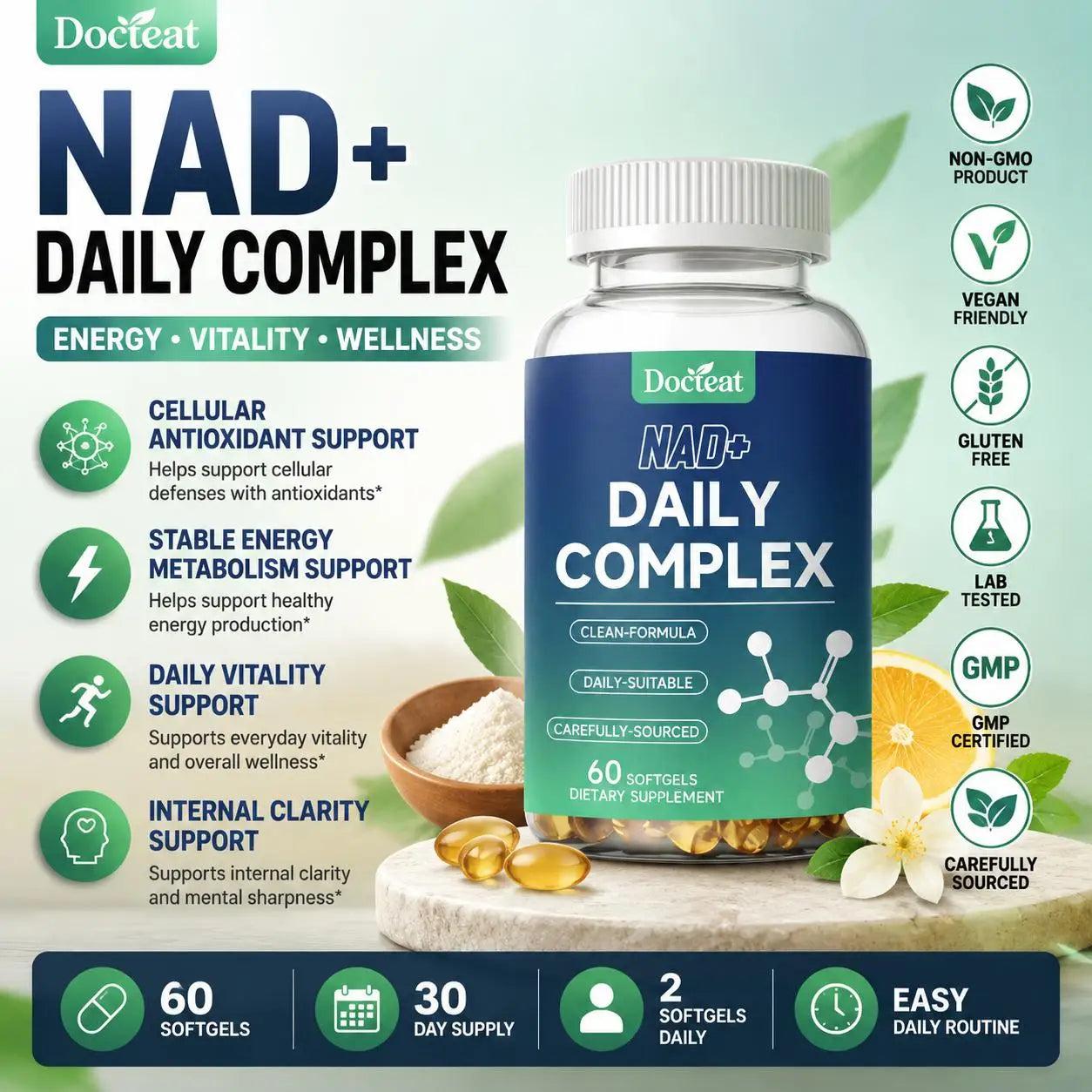 NAD+ and NAC Daily Complex Softgels | Antioxidant Energy Support