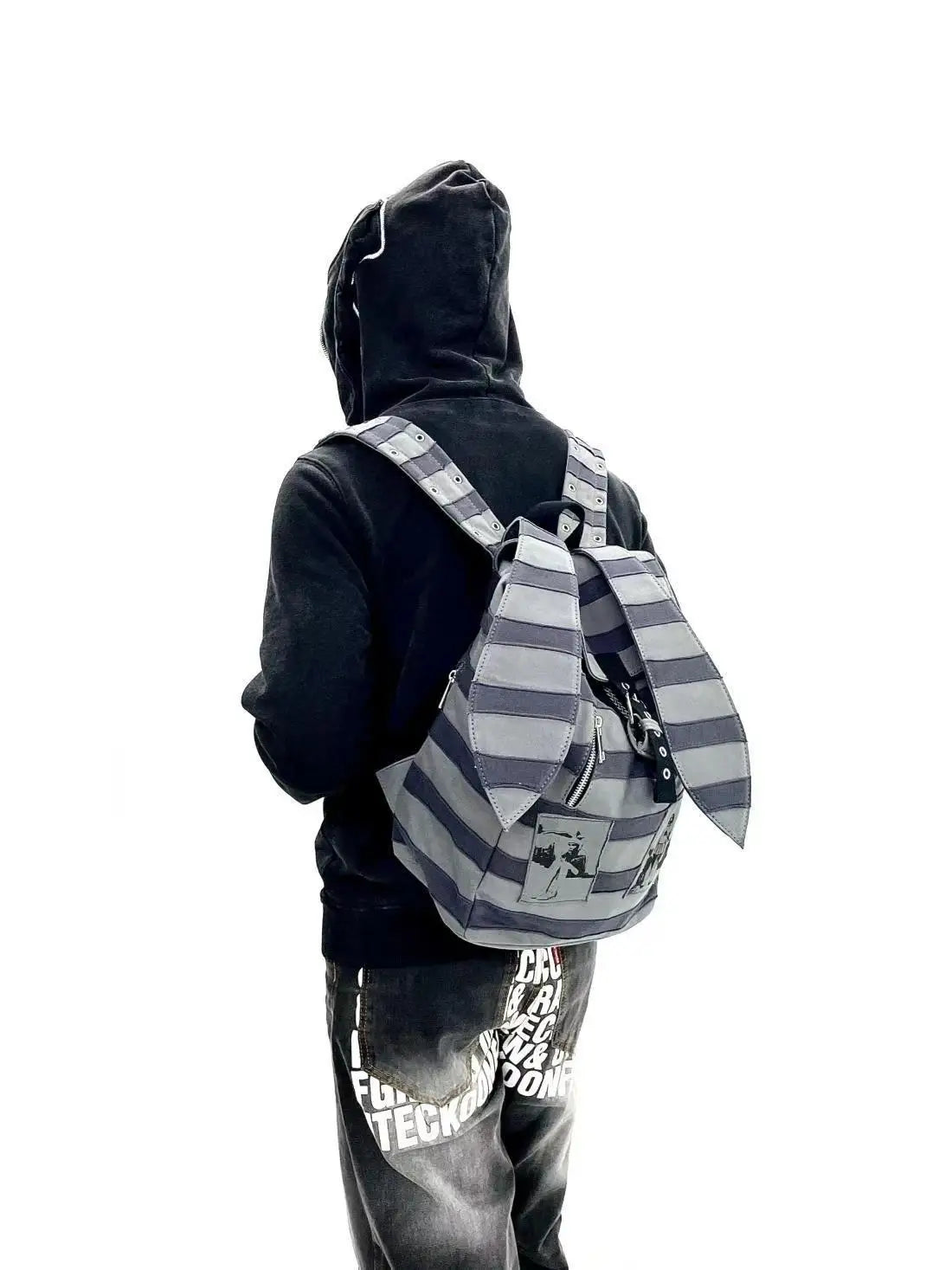 Vintage Striped Rabbit Ear Backpack | Unisex Punk Hip Hop Style