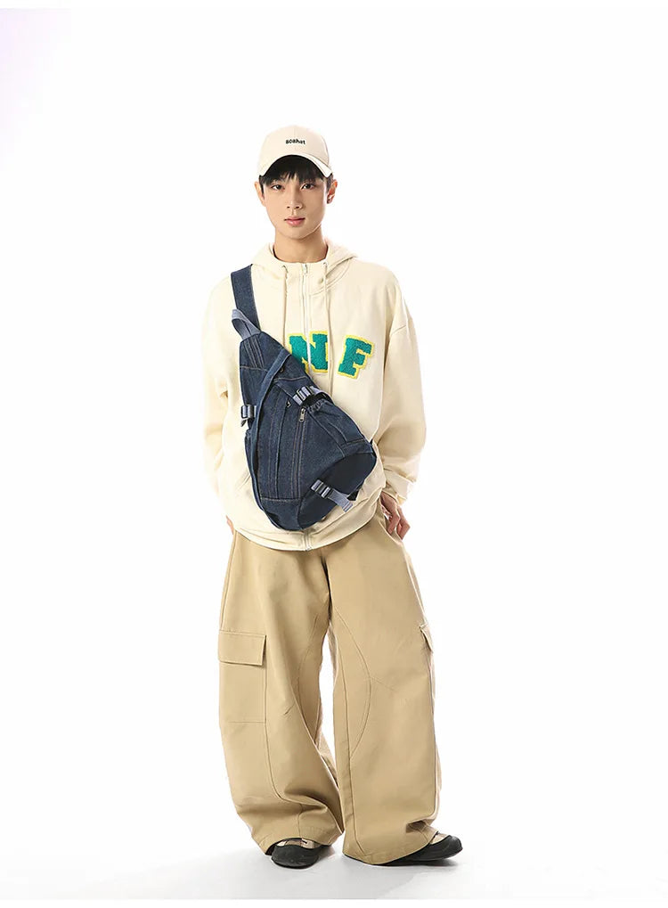 Vintage Washed Denim Sling Bag Man Woman Multifunction Retro Large Capacity Portable Motorcycle Chest Bag