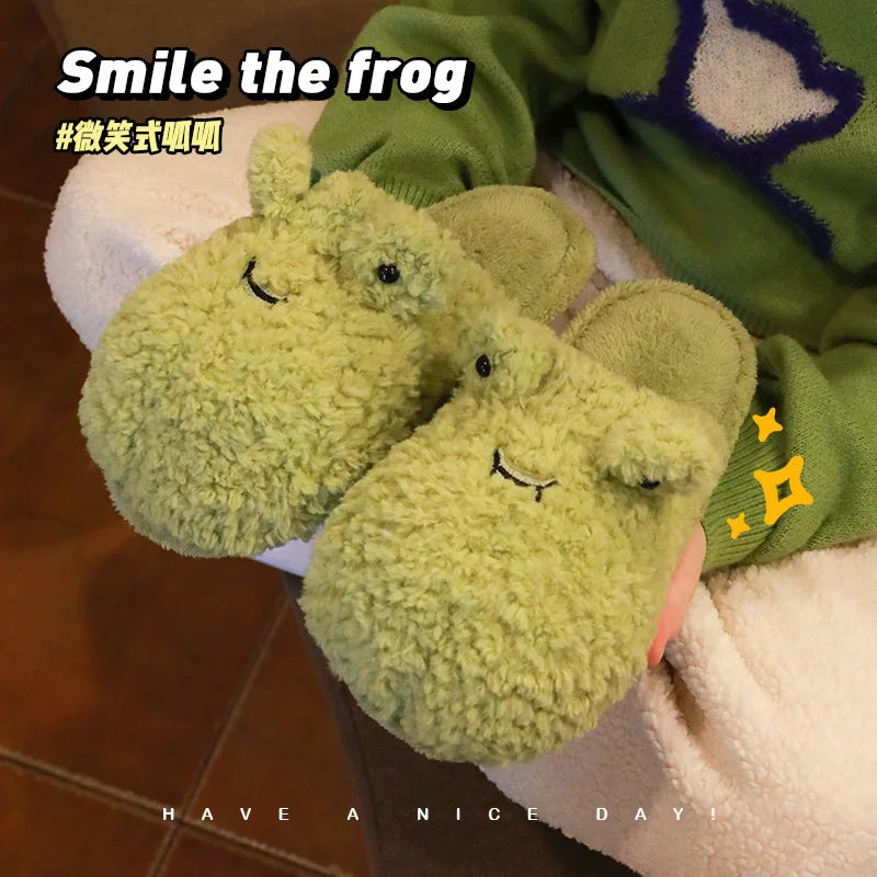 Lindas pantuflas de felpa de rana | Zapatillas de casa cálidas de dibujos animados