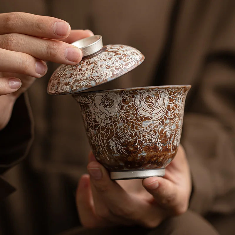 Juego de té Gaiwan de plata dorada elegante | Exquisita vajilla de cerámica