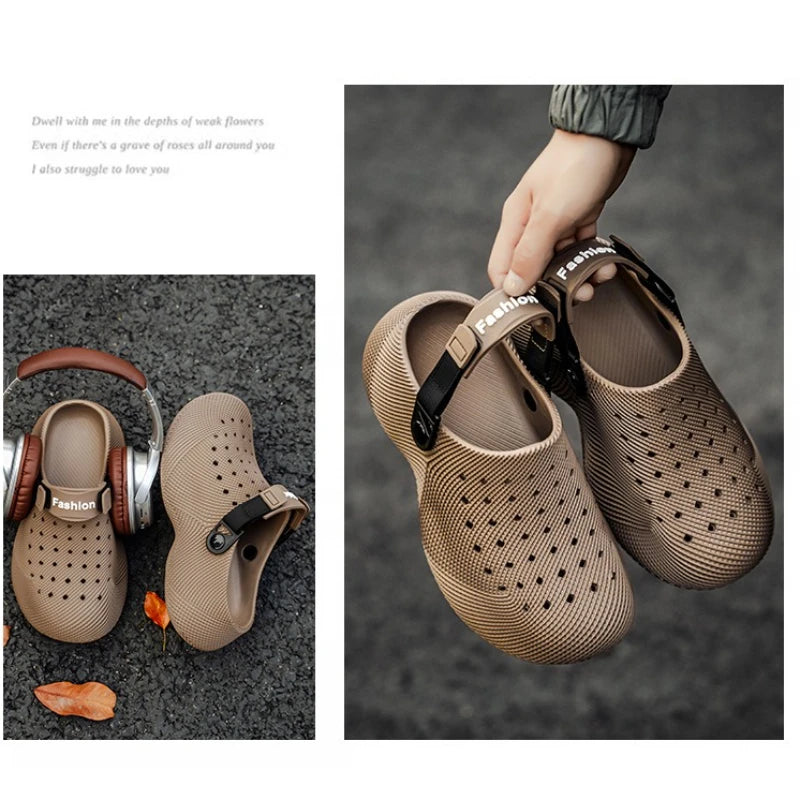 Summer new 3D grid pattern hollow breathable toe hole shoes for couples with thick soles and a poop like beach feel