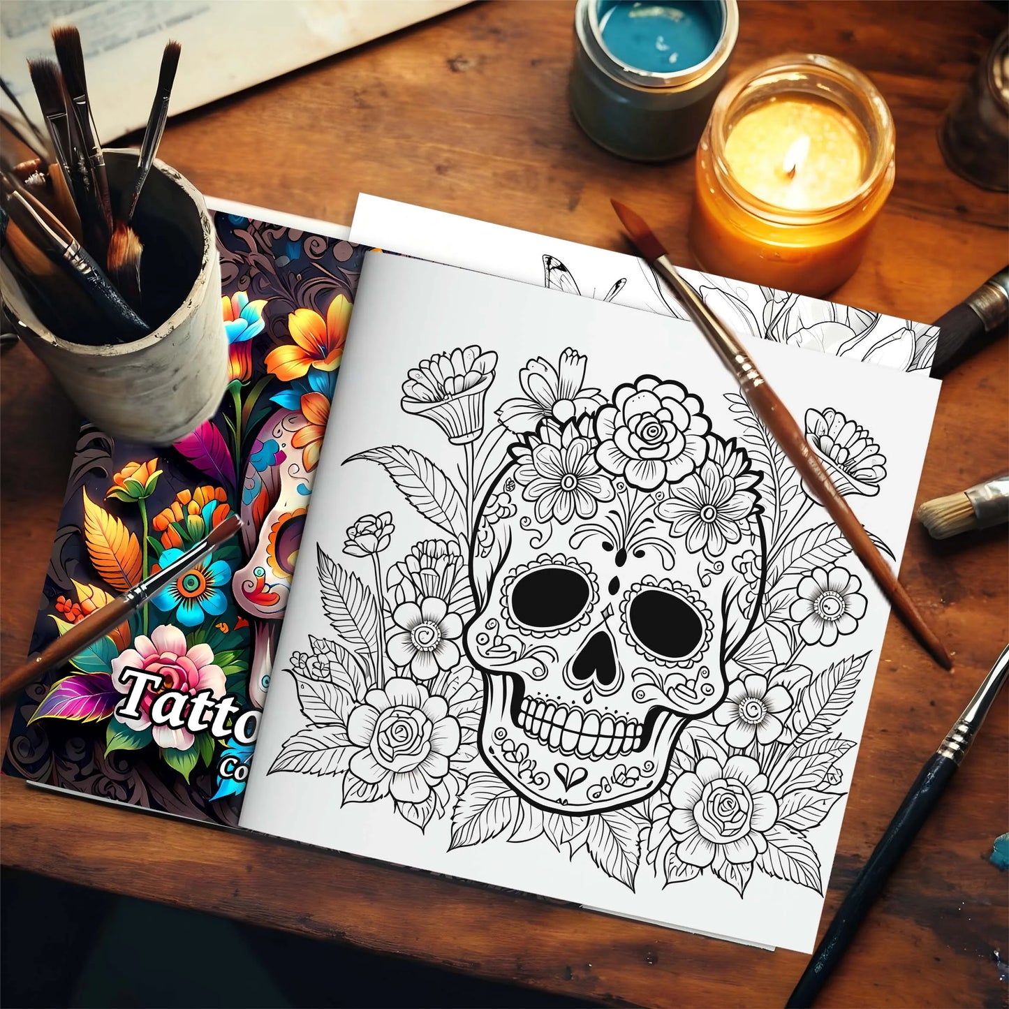 Tattoo Pattern Coloring Book | Skull in Rose Abstract Art