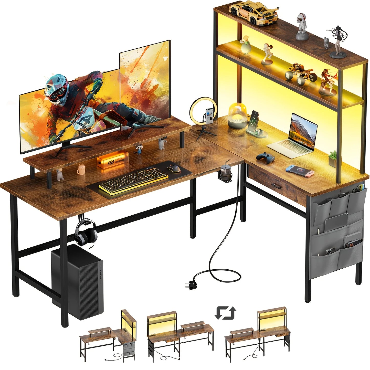 Versatile L Shaped Reversible Computer Desk with LED Lights