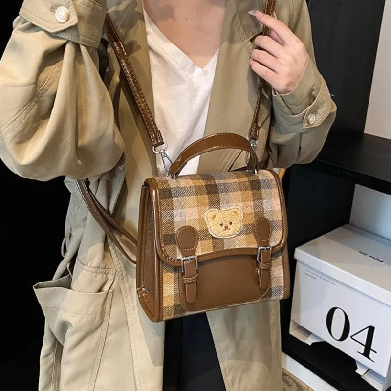 Cute Bear Backpack for Women | Vintage Plaid Student Bag