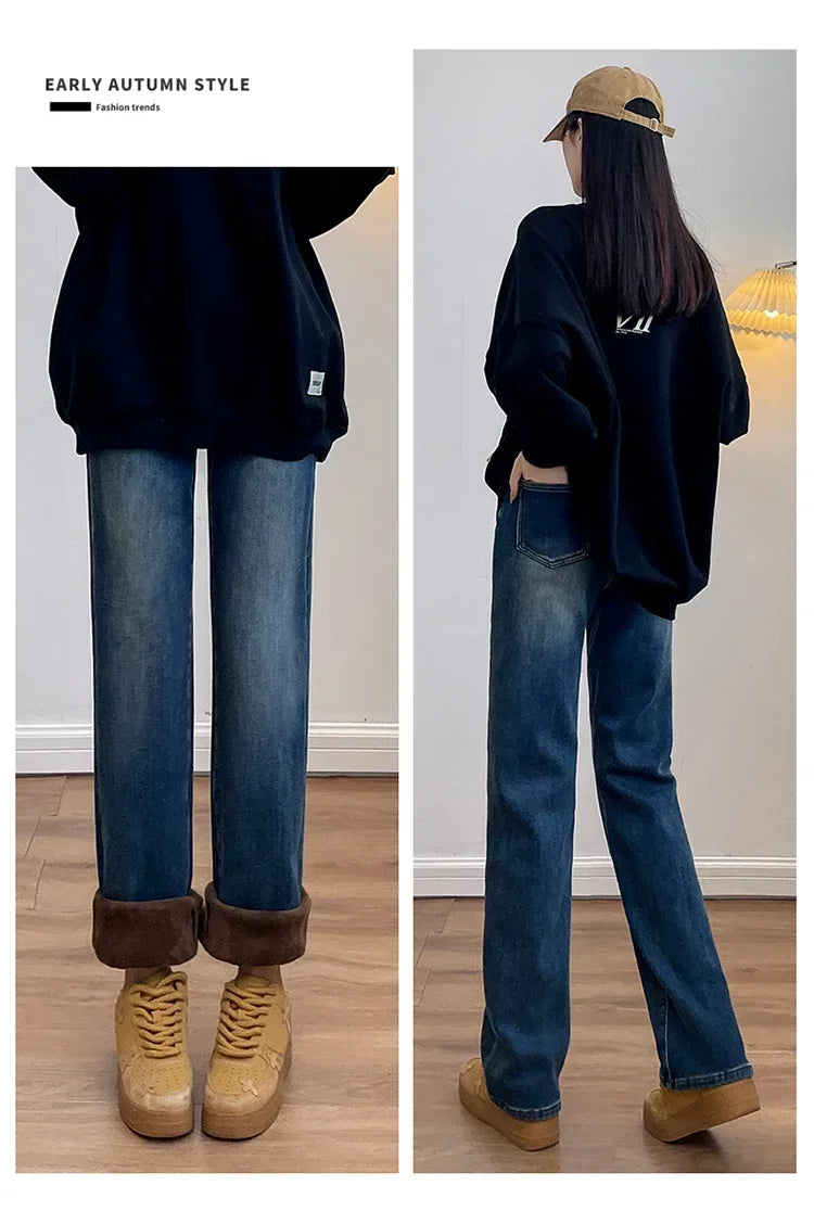 Women's Thickened Velvet Straight Jeans | Warm Fleece Pants