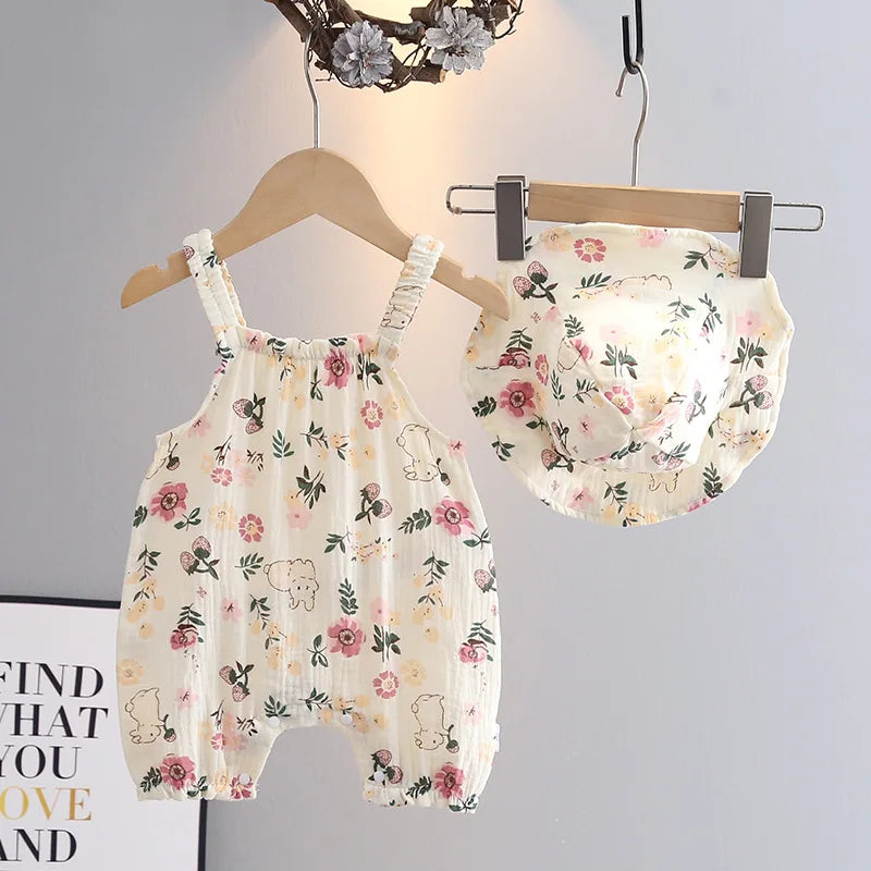 Summer Baby Girls Romper with Hat | Adorable Cherry Bear Design