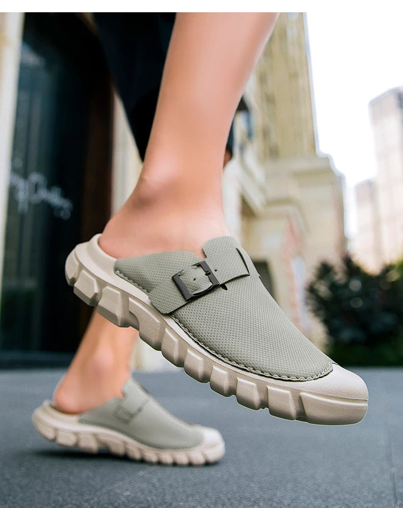 Summer Mens Casual Shoes Mesh Breathable Half Slippers Fashion Walking Sneakers Handmade Male Sandals Lightweight Non-slip Clogs