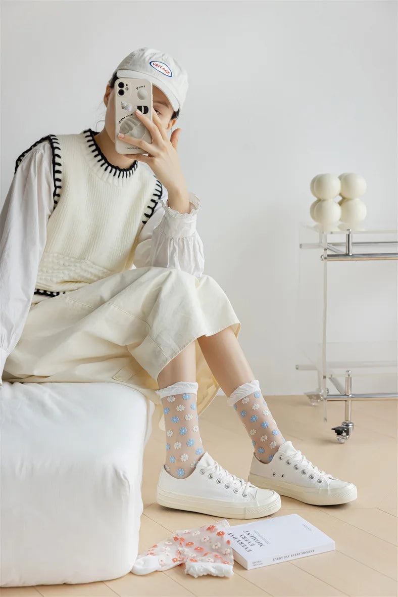 Floral Print Women's Socks | Thin Transparent Summer Socks