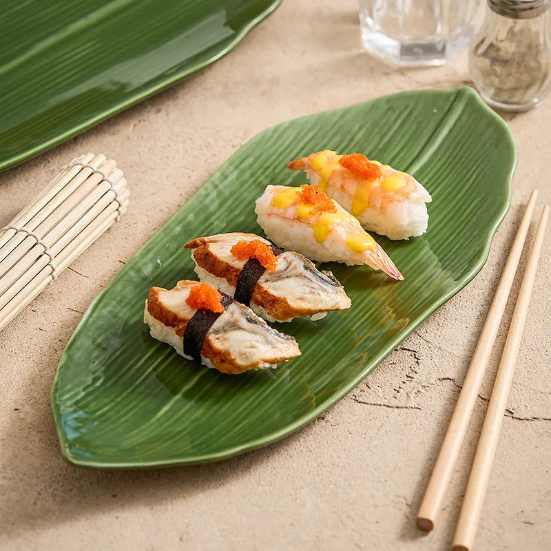 Elegant Green Bamboo Leaves Ceramic Sushi Plate for Desserts