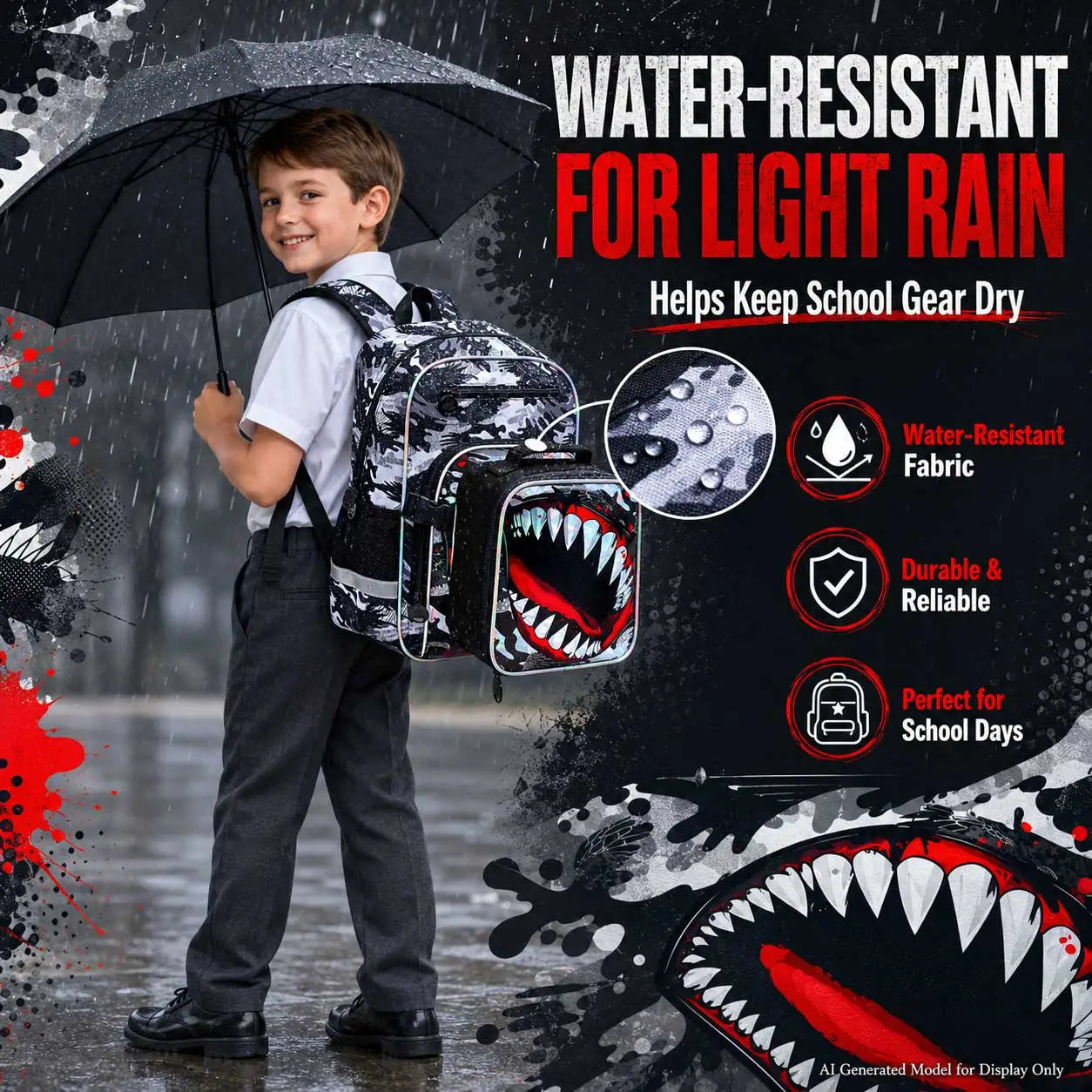 3pcs Boys Camo Shark Mouth School Backpack Set | Versatile Kids Gear
