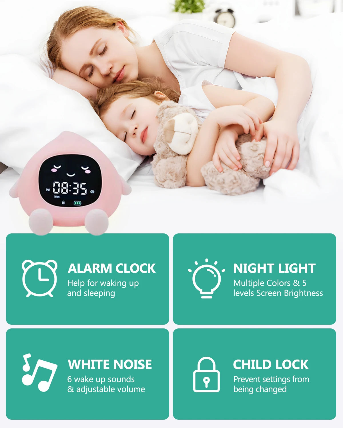 Kids Sleep Training Alarm Clock with Color Night Light & Child Lock