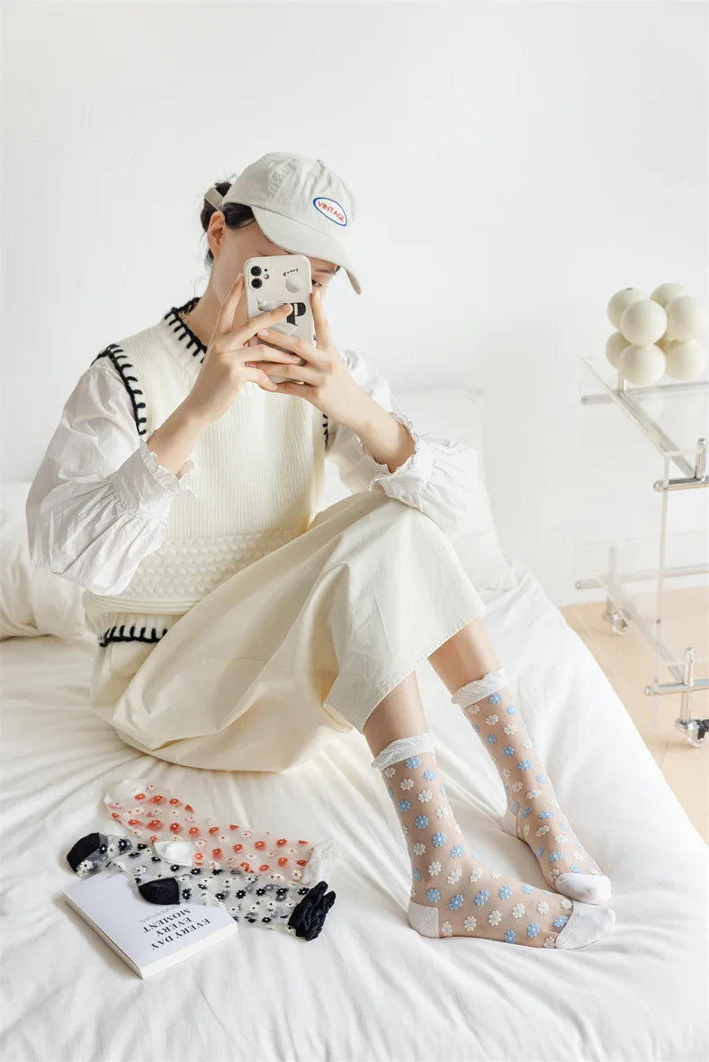Floral Print Women's Socks | Thin Transparent Summer Socks
