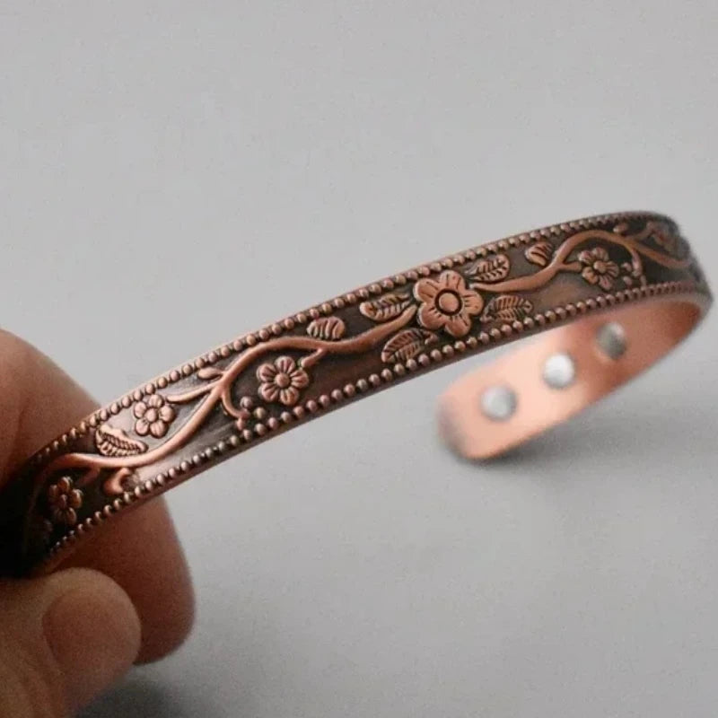 Vintage Floral Engraved Solid Copper Magnetic Therapy Cuff Bracelet