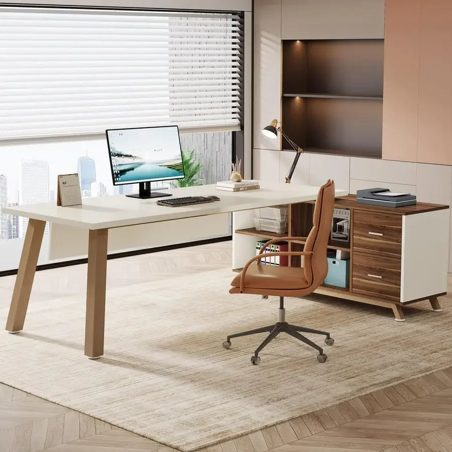 Spacious L-Shaped Executive Desk with Cabinet & Storage Shelves
