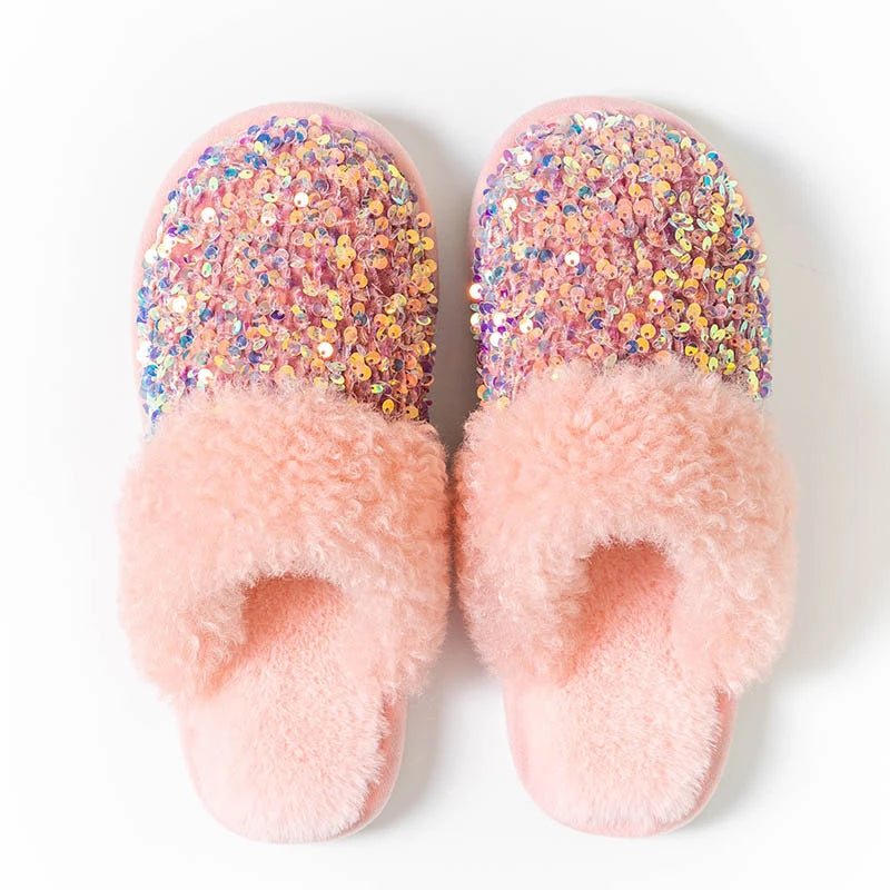 Kawaii Sequin Giraffe Plush Slippers | Cute Winter House Shoes