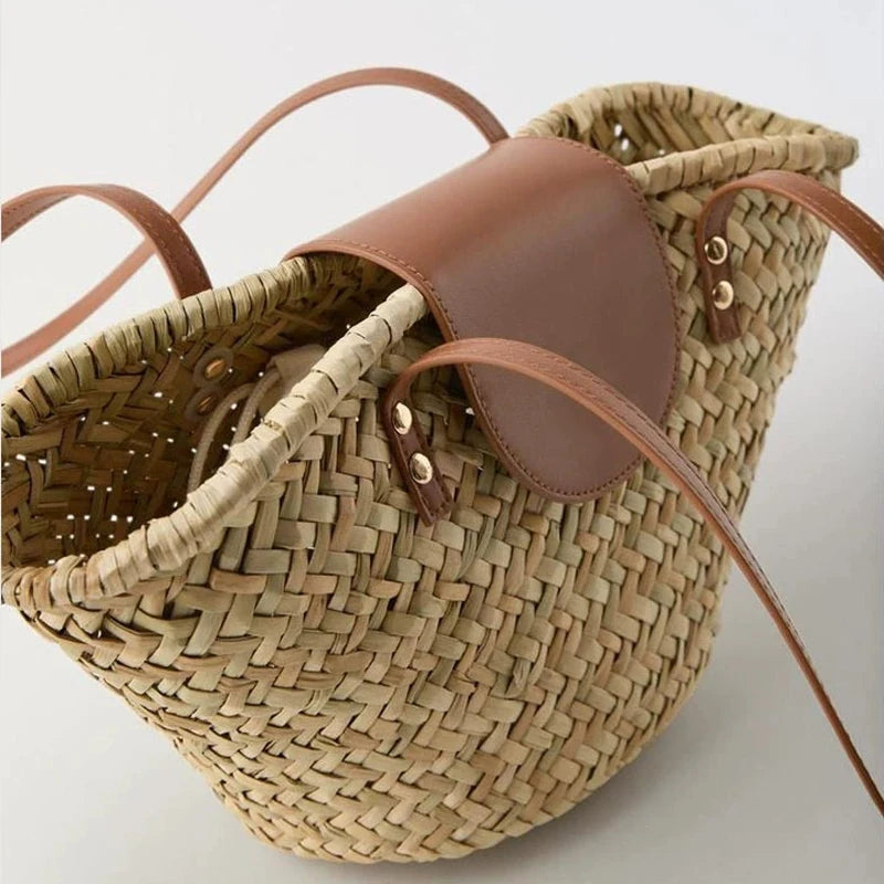 Large Capacity Rattan Woven Shoulder Bag for Beach & Vacation